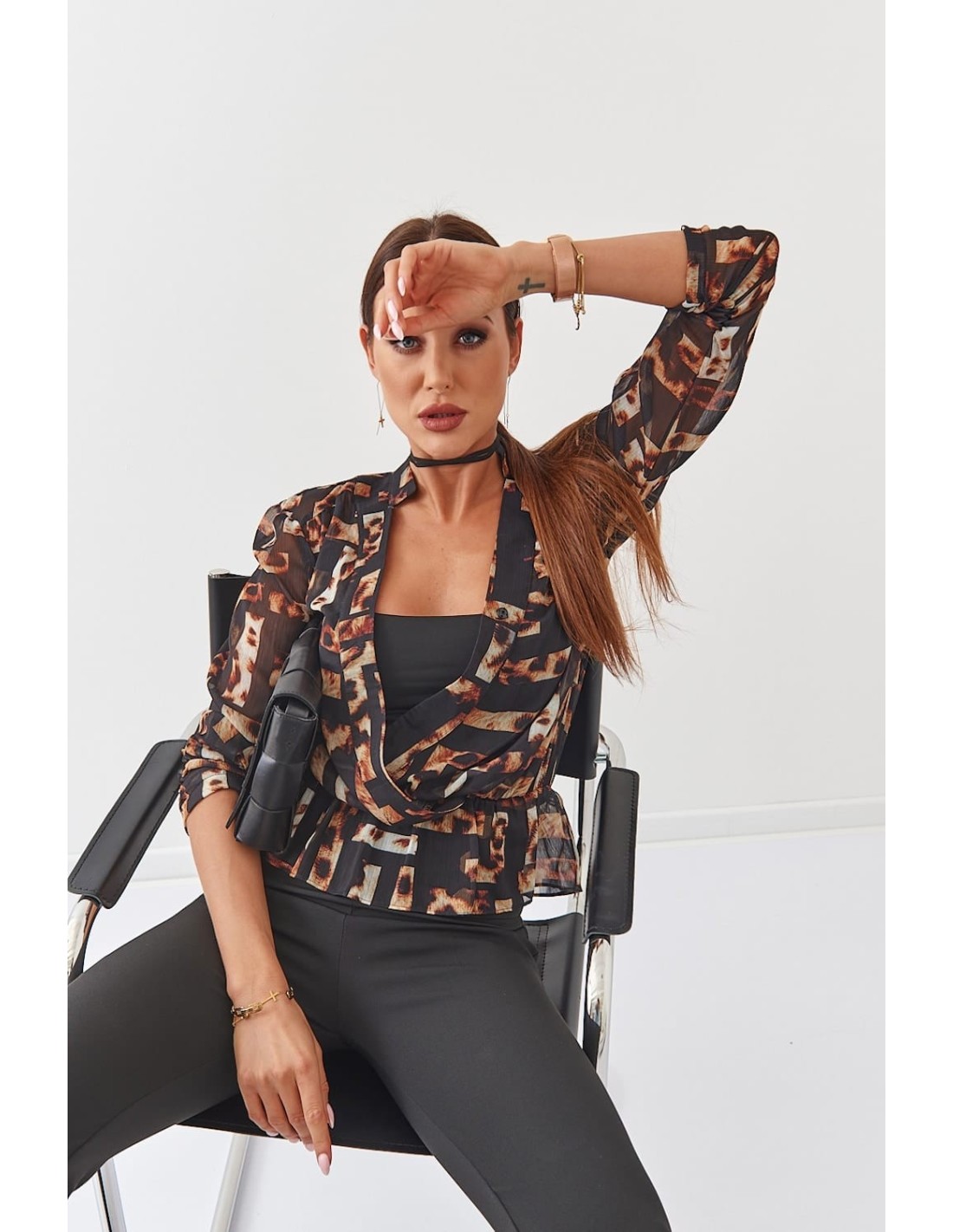 Animal print envelope blouse, black 020481 - Online store - Boutique